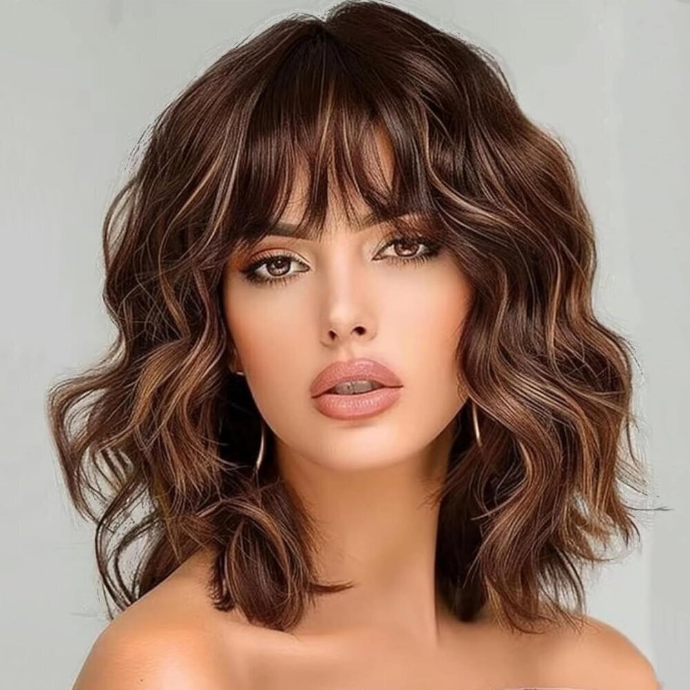 Women's Light Brown 14 Inches Short Pastel Curly Shoulder Length Synthetic Wig